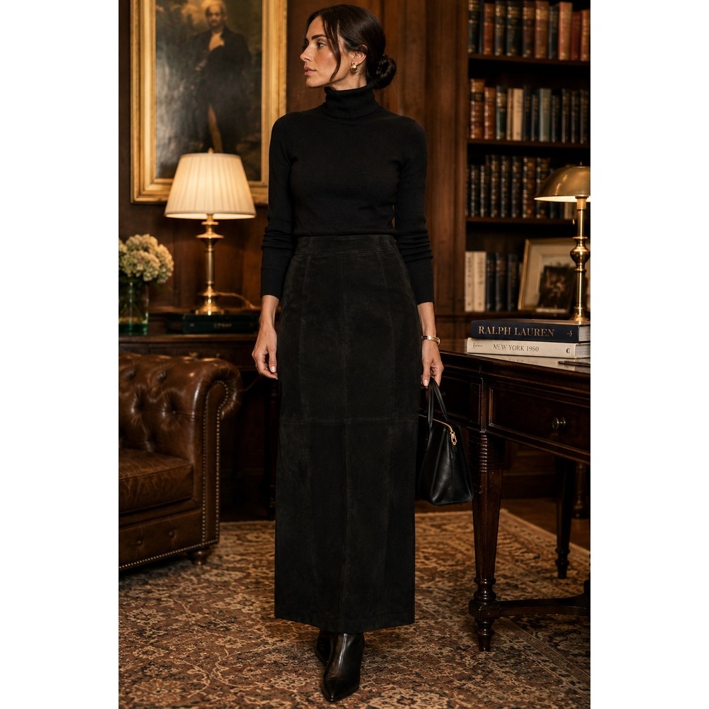 Vintage Lord & Taylor Black Suede Leather Maxi Skirt Size 14 90s Long Back Slit